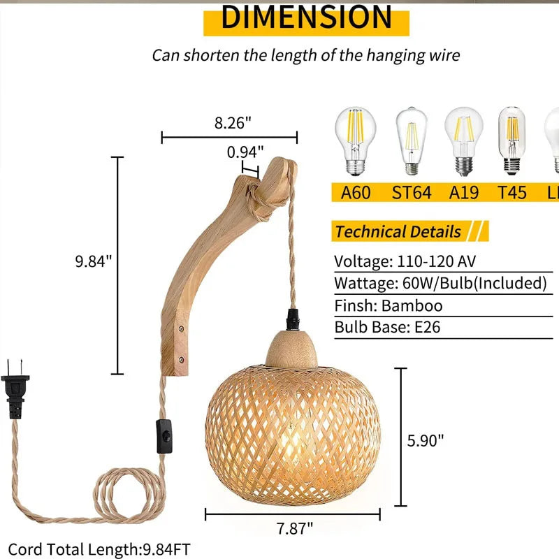 Luxury Rattan Wall Lamp Wooden Woven Sconce Nordic Scandinavian Designer Hanging Light Fixture Indoor Bedroom Living Room Hallway Restaurant Café Bar Hotel Home Decor
