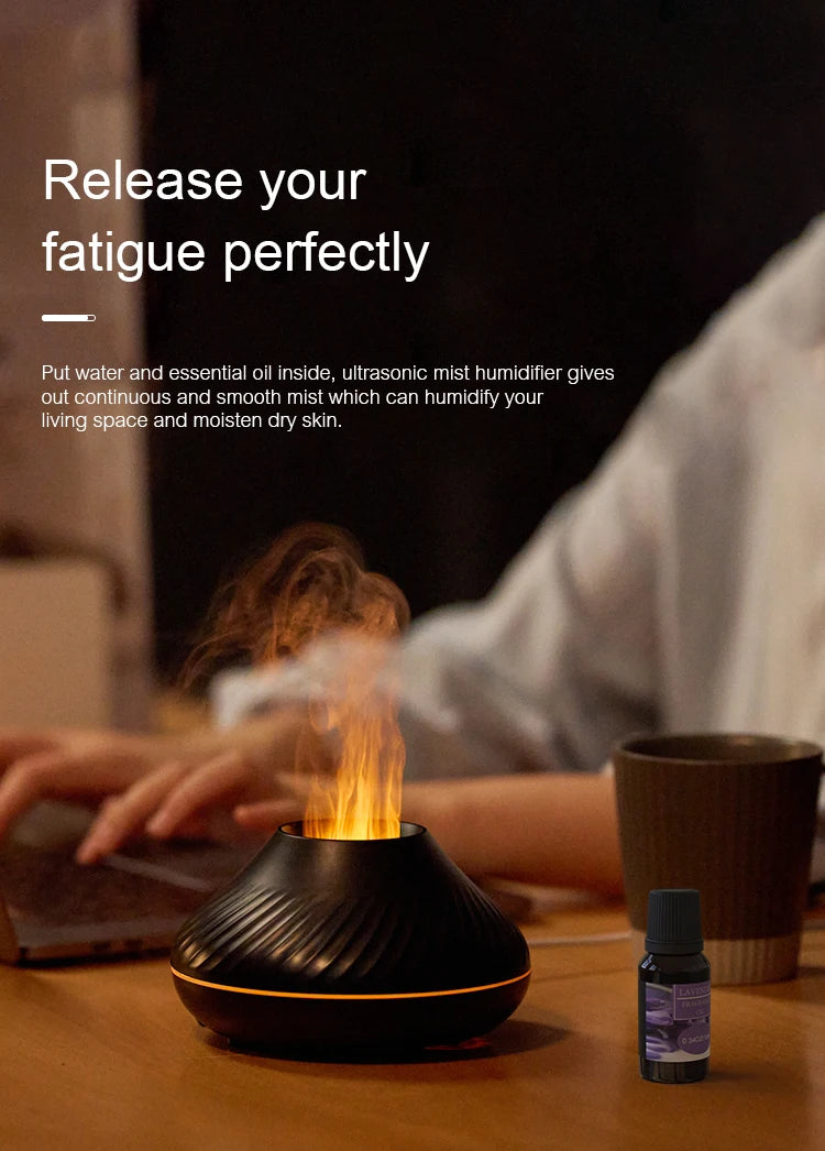 Flame Diffuser Essential Oil Diffuser Aromatherapy Humidifier Ultrasonic Cool Mist Diffuser LED Flame Light Fire Effect Diffuser Night Light Air Purifier Vaporizer Aroma Diffuser Home Office Bedroom Decor Gift