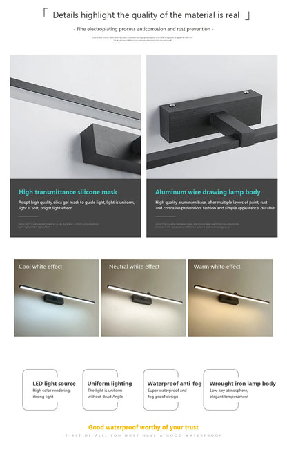Luxury LED Bathroom Vanity Light Modern Linear Mirror Light Black Wall Lamp Makeup Lighting Fixture Bedroom Washroom Hotel Home Decor