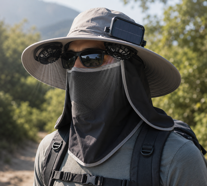 Solar Fan Hat UPF50 & Sun Hat With Fans Wide Brim Fishing Hat With Face Cover Neck Flap Solar USB Charging For Hiking Gardening Outdoor Work