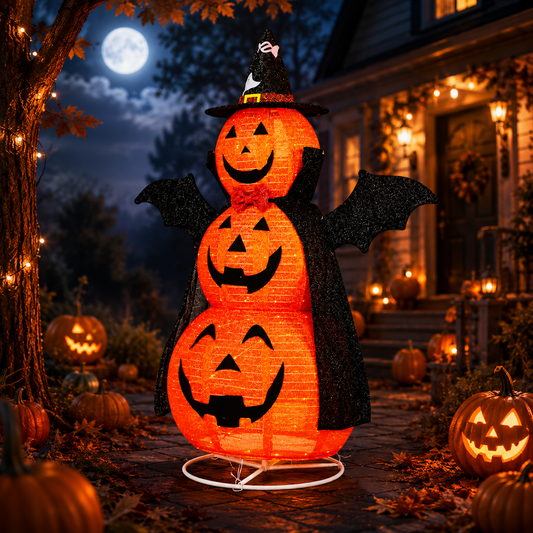 5ft Orange 3-Tier Retractable Fabric Pumpkin Halloween Light Decor With Cape & Wings