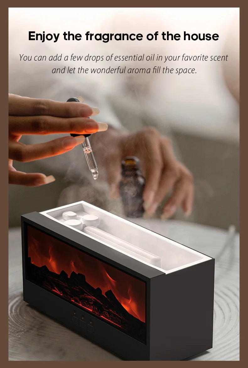 Fireplace Flame Diffuser Essential Oil Diffuser Aromatherapy Humidifier Ultrasonic Cool Mist Diffuser LED Flame Light Fire Effect Diffuser Night Light Air Purifier Vaporizer Aroma Diffuser Home Office Bedroom Decor Gift