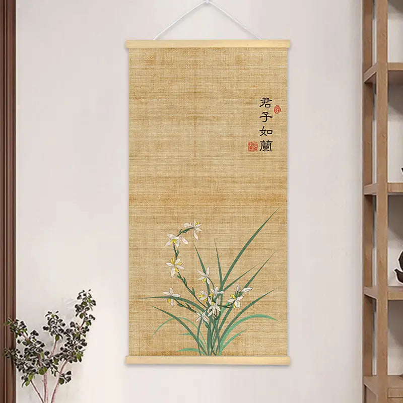 Chinese Bamboo Scroll Tapestry Wall Hanging, Zen Meditation Ink Art for Tea Room Living Room House Decor
