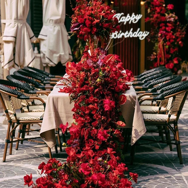 Red Rose Anthurium Table Runner Sofa Floor Flower Arrangement Luxuy 5D Wedding Backdrop Decor Flower Row Event Table Centerpiece