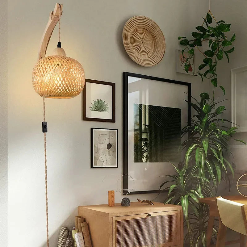 Luxury Rattan Wall Lamp Wooden Woven Sconce Nordic Scandinavian Designer Hanging Light Fixture Indoor Bedroom Living Room Hallway Restaurant Café Bar Hotel Home Decor