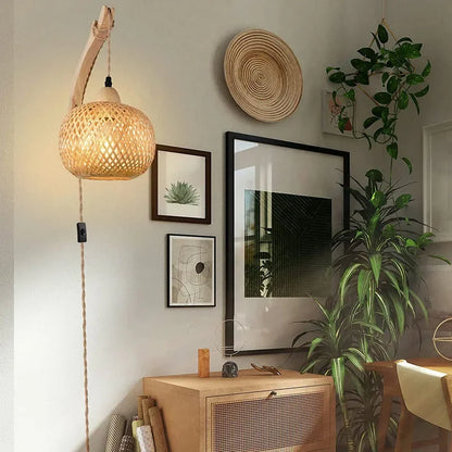 Luxury Rattan Wall Lamp Wooden Woven Sconce Nordic Scandinavian Designer Hanging Light Fixture Indoor Bedroom Living Room Hallway Restaurant Café Bar Hotel Home Decor