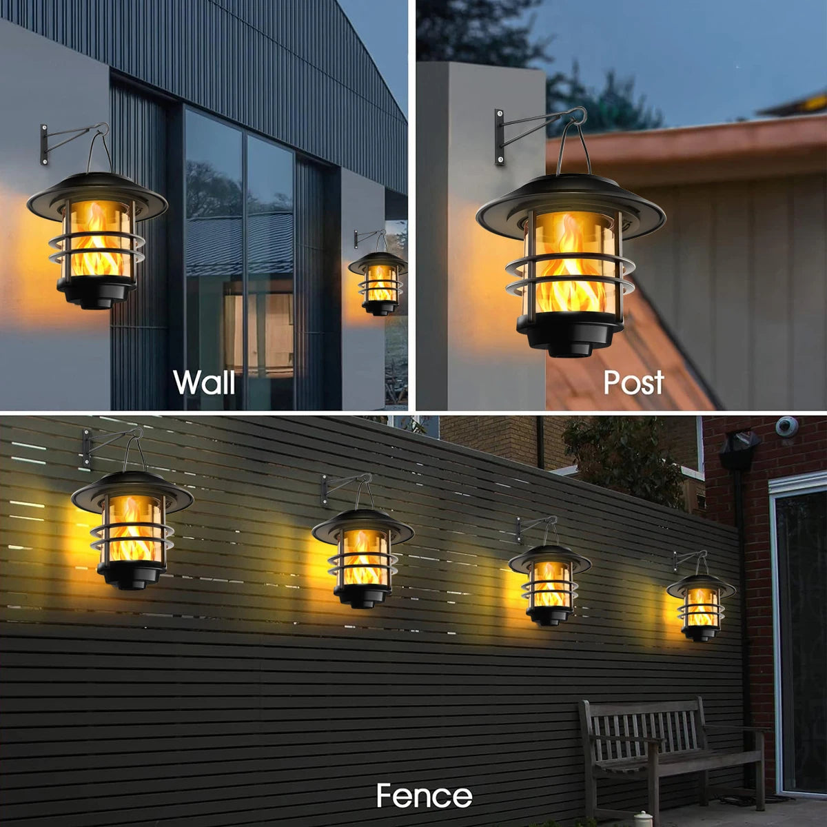 Solar Lantern Outdoor Hanging Lantern Flickering Flame Solar Lights Waterproof IP44 Garden Lights Patio Lights Porch Lights Wall Mounted Fence Lights Dusk to Dawn Auto On Off LED Lantern Decorative Outdoor Lighting Warm Light