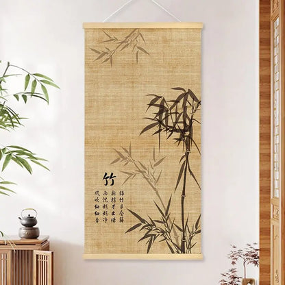 Chinese Bamboo Scroll Tapestry Wall Hanging, Zen Meditation Ink Art for Tea Room Living Room House Decor