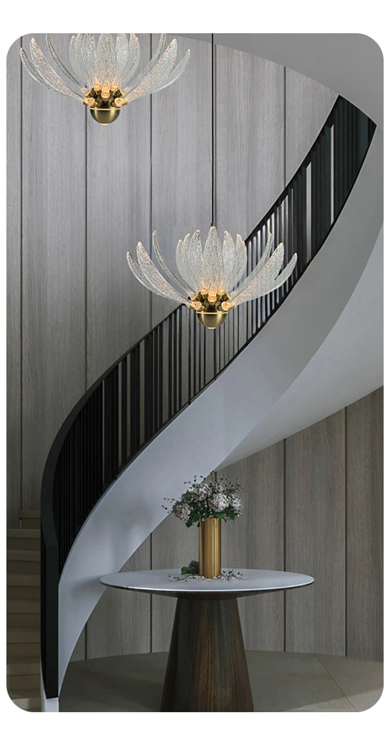 Modern Acrylic Lotus Flower Iron Art LED Chandelier Indoor Lighting Fixture for Dining Room Foyer Hotel Loft Stairs