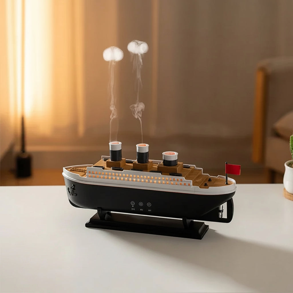 Ship Humidifier Essential Oil Diffuser Aromatherapy Ultrasonic Cool Mist Humidifier LED Night Light Titanic Steamer Boat Diffuser Home Office Bedroom Decor Air Purifier Vaporizer Aroma Diffuser Gift