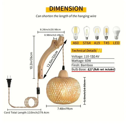 Luxury Rattan Wall Lamp Wooden Woven Sconce Nordic Scandinavian Designer Hanging Light Fixture Indoor Bedroom Living Room Hallway Restaurant Café Bar Hotel Home Decor