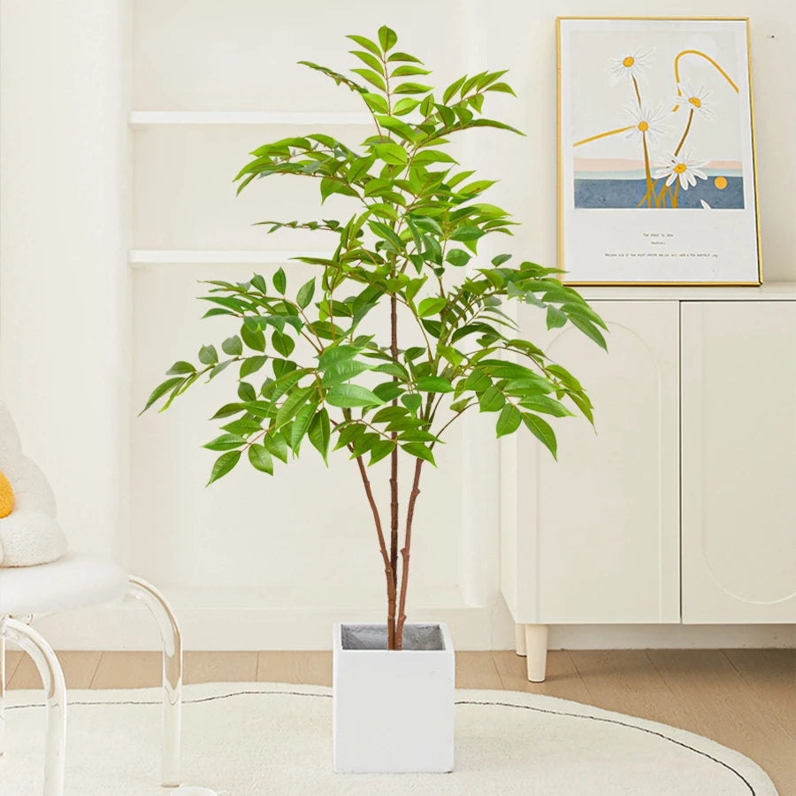 76-140cm Large Artificial Ficus Tree Branch Fake Lacquer Tree Plastic Banyan Plants Green Tall Palm Leaves For Home Garden Decor