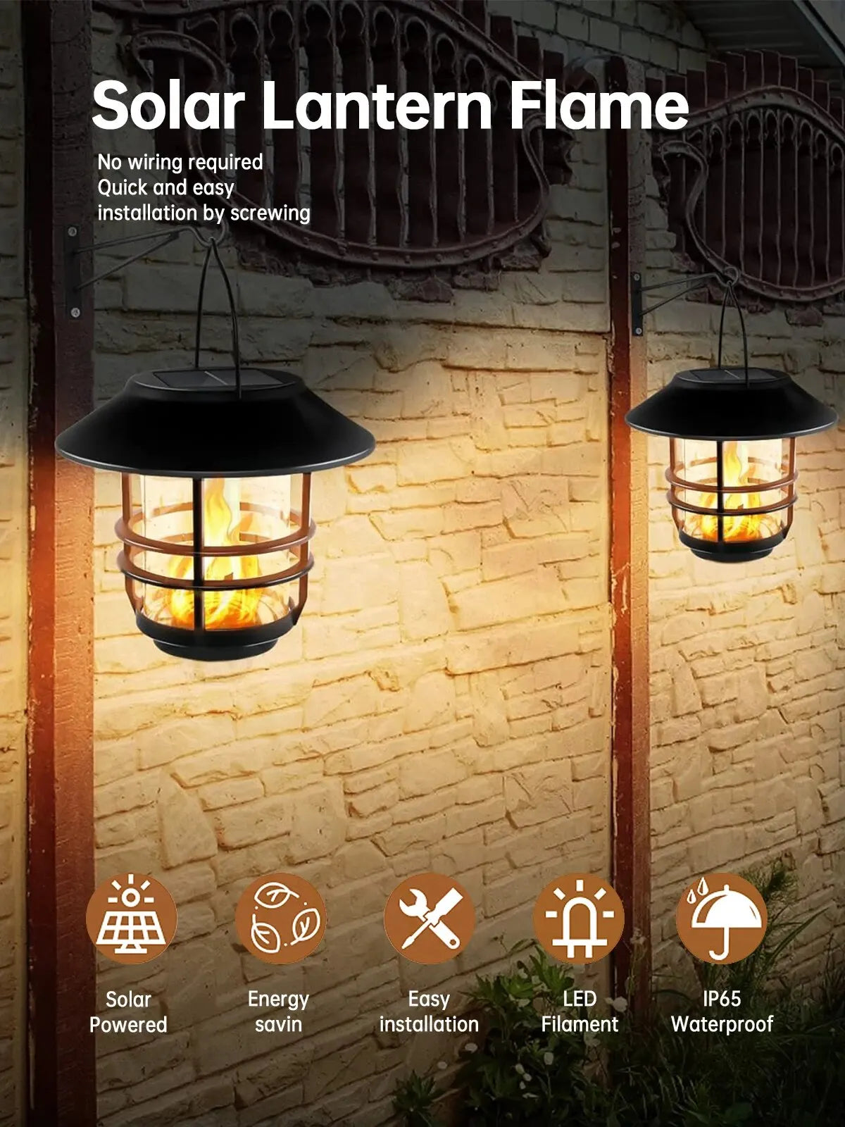 Solar Lantern Outdoor Hanging Lantern Flickering Flame Solar Lights Waterproof IP44 Garden Lights Patio Lights Porch Lights Wall Mounted Fence Lights Dusk to Dawn Auto On Off LED Lantern Decorative Outdoor Lighting Warm Light