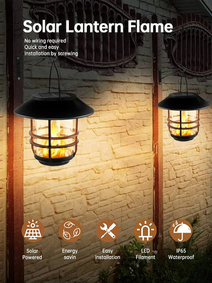 Solar Lantern Outdoor Hanging Lantern Flickering Flame Solar Lights Waterproof IP44 Garden Lights Patio Lights Porch Lights Wall Mounted Fence Lights Dusk to Dawn Auto On Off LED Lantern Decorative Outdoor Lighting Warm Light