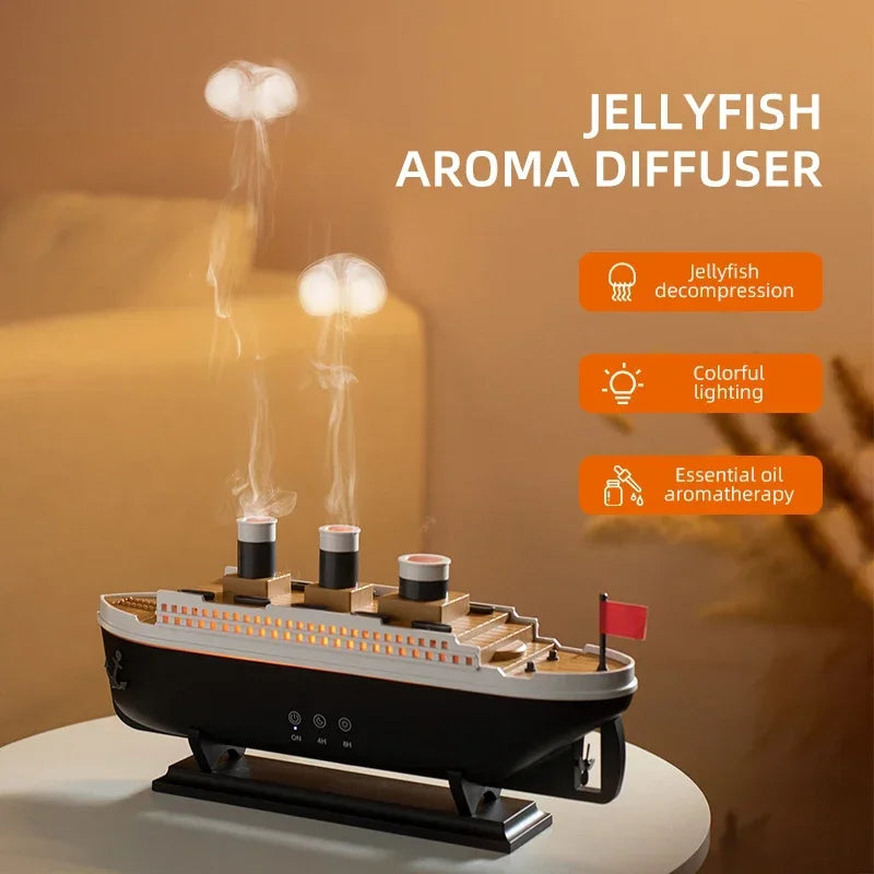 Ship Humidifier Essential Oil Diffuser Aromatherapy Ultrasonic Cool Mist Humidifier LED Night Light Titanic Steamer Boat Diffuser Home Office Bedroom Decor Air Purifier Vaporizer Aroma Diffuser Gift