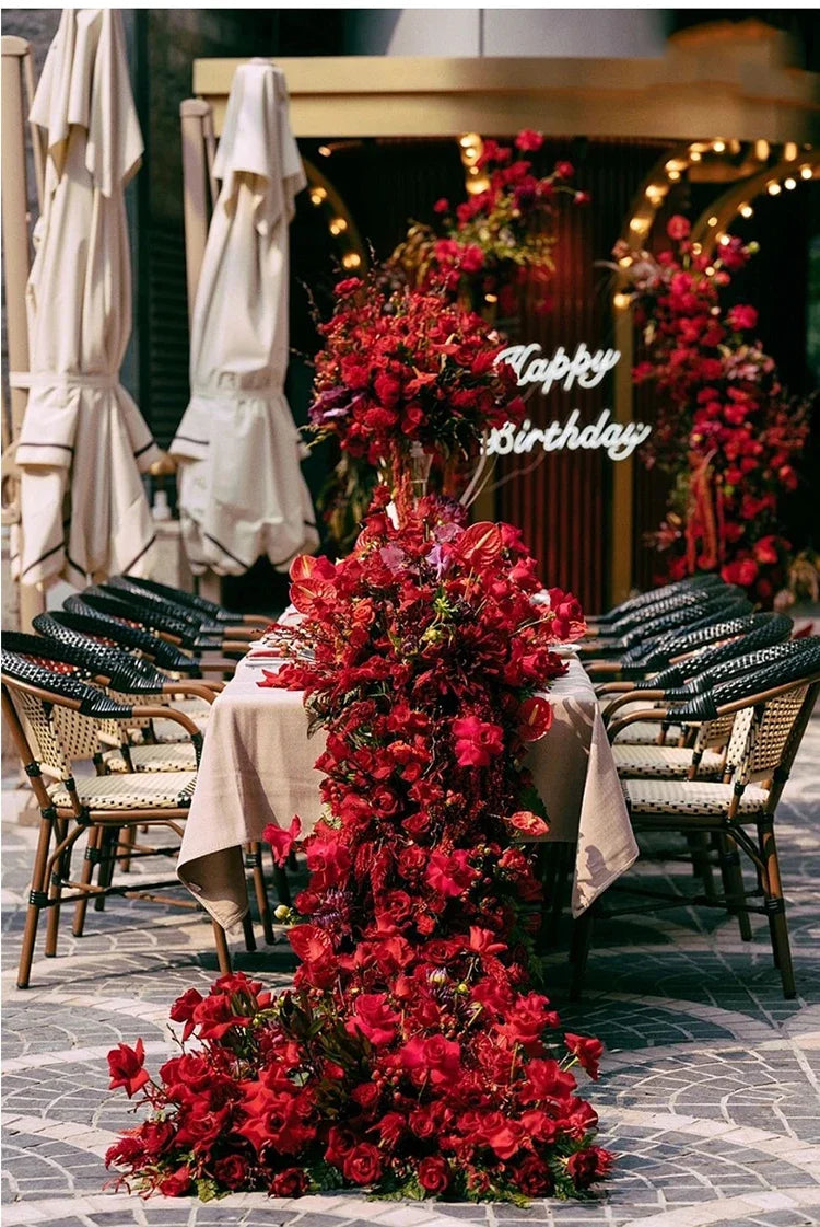 Red Rose Anthurium Table Runner Sofa Floor Flower Arrangement Luxuy 5D Wedding Backdrop Decor Flower Row Event Table Centerpiece