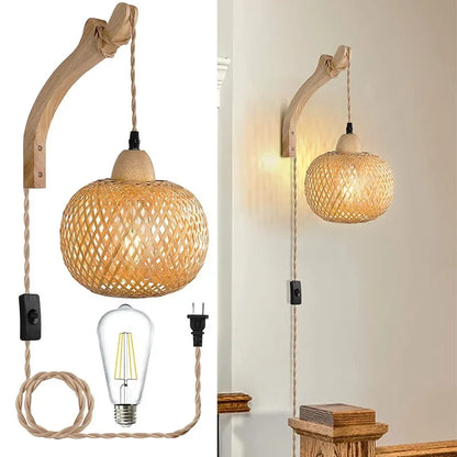 Luxury Rattan Wall Lamp Wooden Woven Sconce Nordic Scandinavian Designer Hanging Light Fixture Indoor Bedroom Living Room Hallway Restaurant Café Bar Hotel Home Decor