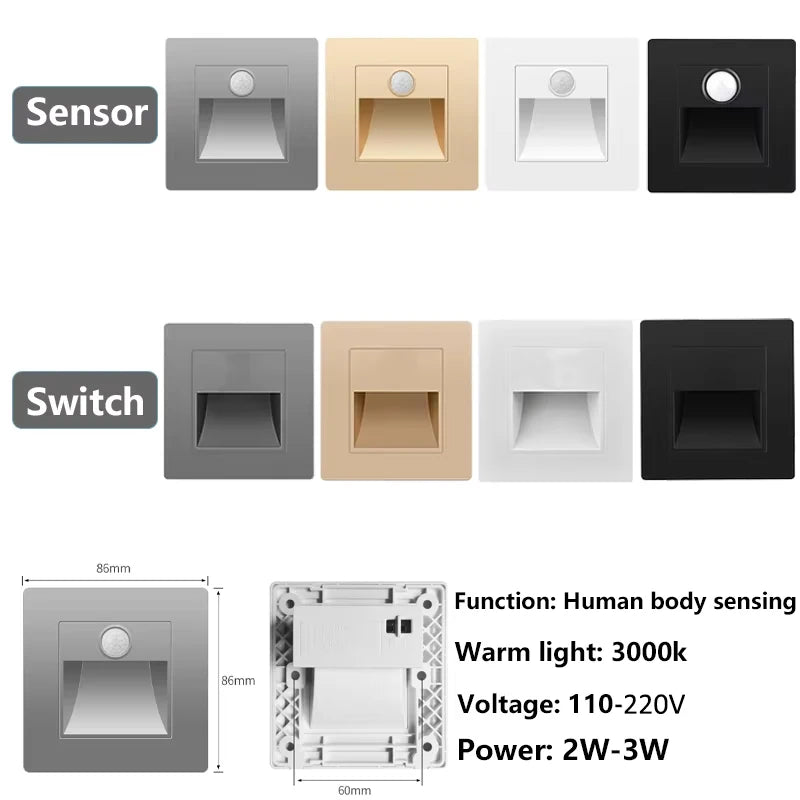 LED Step Lights Indoor Stair Lights Motion Sensor Wall Lights Recessed Staircase Lighting Step Lamp Hallway Night Light Bedroom Closet Cabinet Living Room Lights PIR Sensor Warm White 3000K AC 110V 220V Automatic On Off