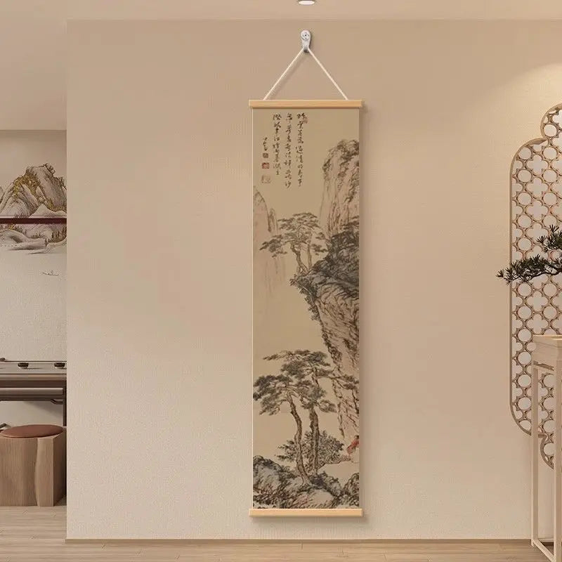 Zen Dry Landscape Wall Art, Wooden Frame Ink Painting for Living Room Meditation Decor, Asian Minimalist Scroll Hanging Painting
