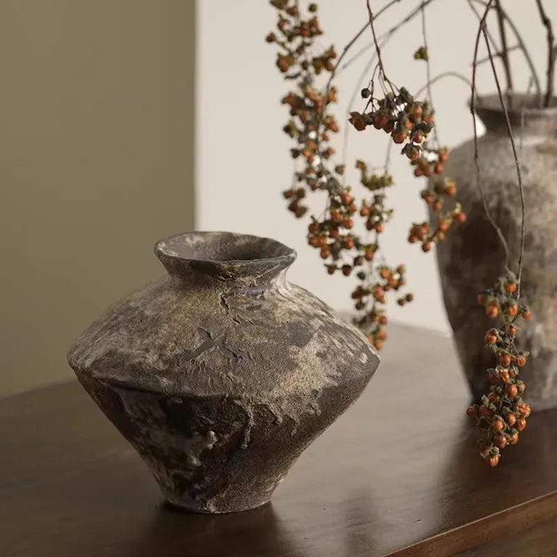 Ceramic Vase, Vintage Coarse Pottery Rusty Spotted Flower Vase, Desktop Ornament, Wabi Sabi Style, Zen Flower Arrangement