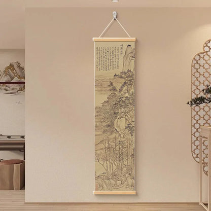 Zen Dry Landscape Wall Art, Wooden Frame Ink Painting for Living Room Meditation Decor, Asian Minimalist Scroll Hanging Painting