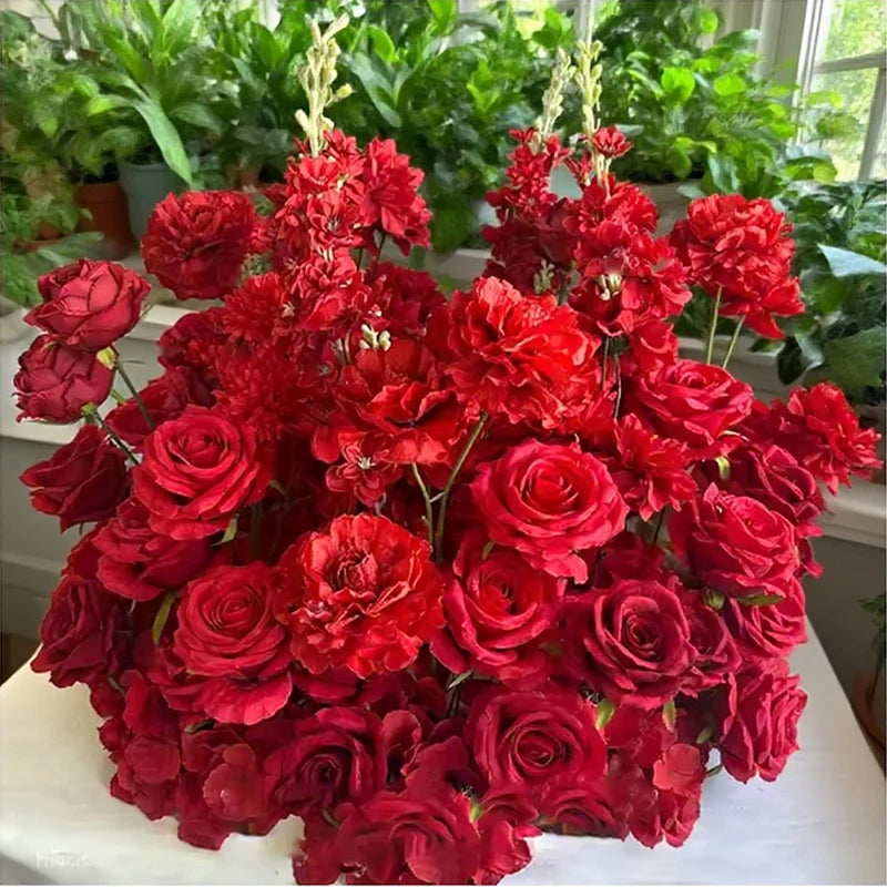 Red Rose Anthurium Table Runner Sofa Floor Flower Arrangement Luxuy 5D Wedding Backdrop Decor Flower Row Event Table Centerpiece