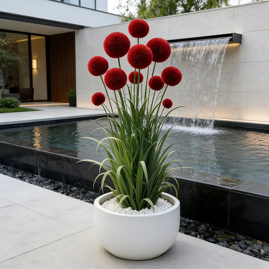 4 Pieces = 12 Stems, Vase Not Included. Artificial Simulated Reed Ball-Stem Grass, Realistic Red Ball Flowers, Suitable for Indoor and Outdoor Decoration, Perfect for Home, Hotel, Office, Weddings, Parties, Home Gardens, Porc