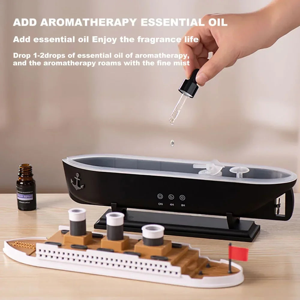 Ship Humidifier Essential Oil Diffuser Aromatherapy Ultrasonic Cool Mist Humidifier LED Night Light Titanic Steamer Boat Diffuser Home Office Bedroom Decor Air Purifier Vaporizer Aroma Diffuser Gift