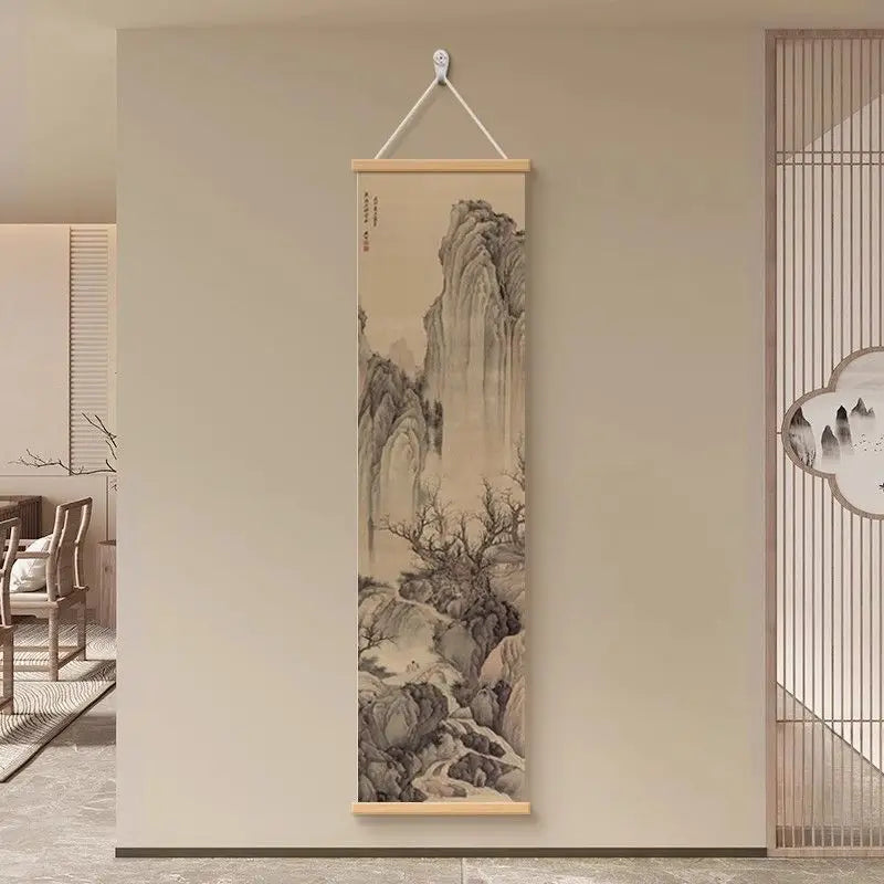 Zen Dry Landscape Wall Art, Wooden Frame Ink Painting for Living Room Meditation Decor, Asian Minimalist Scroll Hanging Painting
