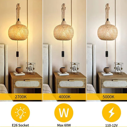 Luxury Rattan Wall Lamp Wooden Woven Sconce Nordic Scandinavian Designer Hanging Light Fixture Indoor Bedroom Living Room Hallway Restaurant Café Bar Hotel Home Decor