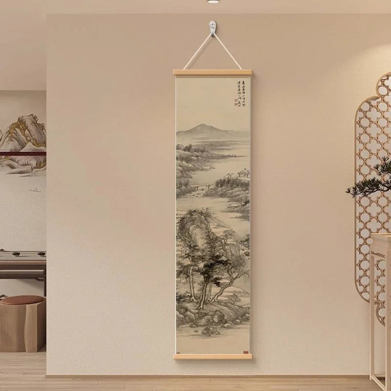 Zen Dry Landscape Wall Art, Wooden Frame Ink Painting for Living Room Meditation Decor, Asian Minimalist Scroll Hanging Painting