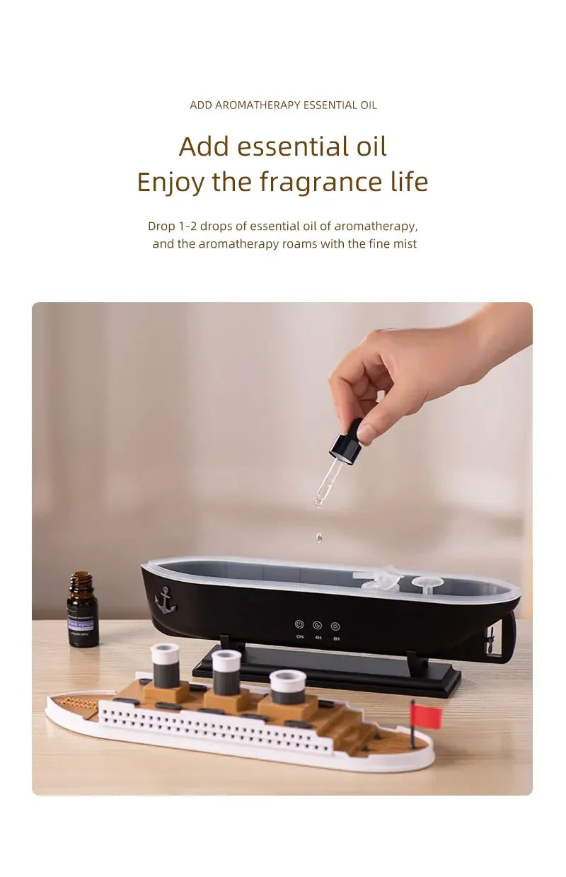 Ship Humidifier Essential Oil Diffuser Aromatherapy Ultrasonic Cool Mist Humidifier LED Night Light Titanic Steamer Boat Diffuser Home Office Bedroom Decor Air Purifier Vaporizer Aroma Diffuser Gift