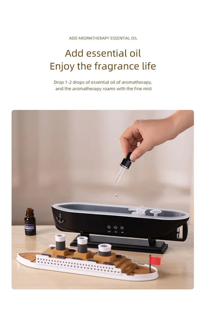 Ship Humidifier Essential Oil Diffuser Aromatherapy Ultrasonic Cool Mist Humidifier LED Night Light Titanic Steamer Boat Diffuser Home Office Bedroom Decor Air Purifier Vaporizer Aroma Diffuser Gift