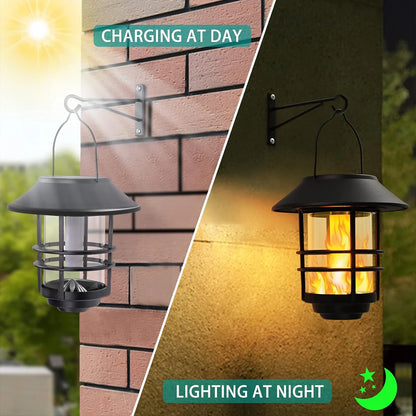 Solar Lantern Outdoor Hanging Lantern Flickering Flame Solar Lights Waterproof IP44 Garden Lights Patio Lights Porch Lights Wall Mounted Fence Lights Dusk to Dawn Auto On Off LED Lantern Decorative Outdoor Lighting Warm Light