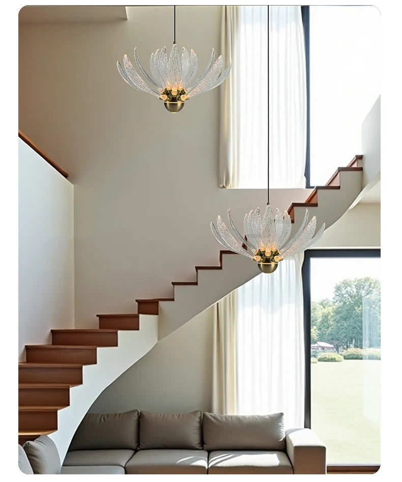 Modern Acrylic Lotus Flower Iron Art LED Chandelier Indoor Lighting Fixture for Dining Room Foyer Hotel Loft Stairs