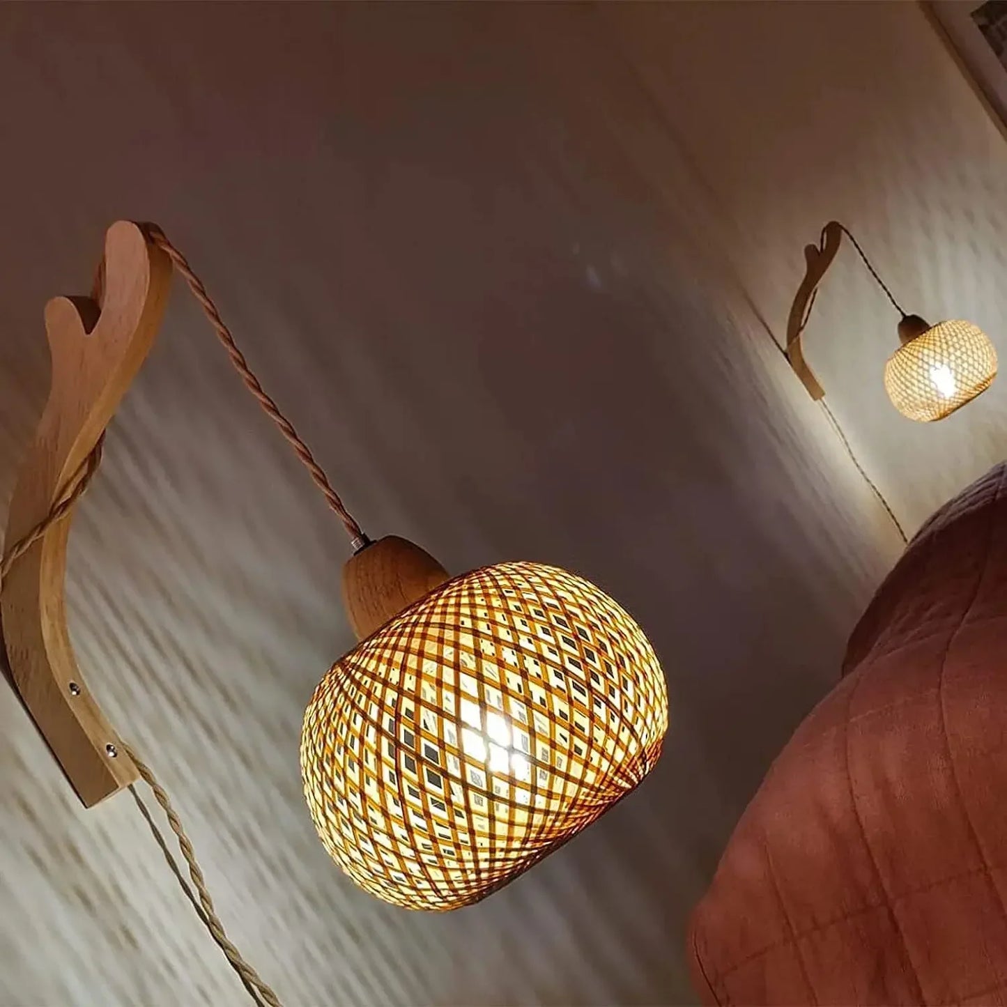 Luxury Rattan Wall Lamp Wooden Woven Sconce Nordic Scandinavian Designer Hanging Light Fixture Indoor Bedroom Living Room Hallway Restaurant Café Bar Hotel Home Decor