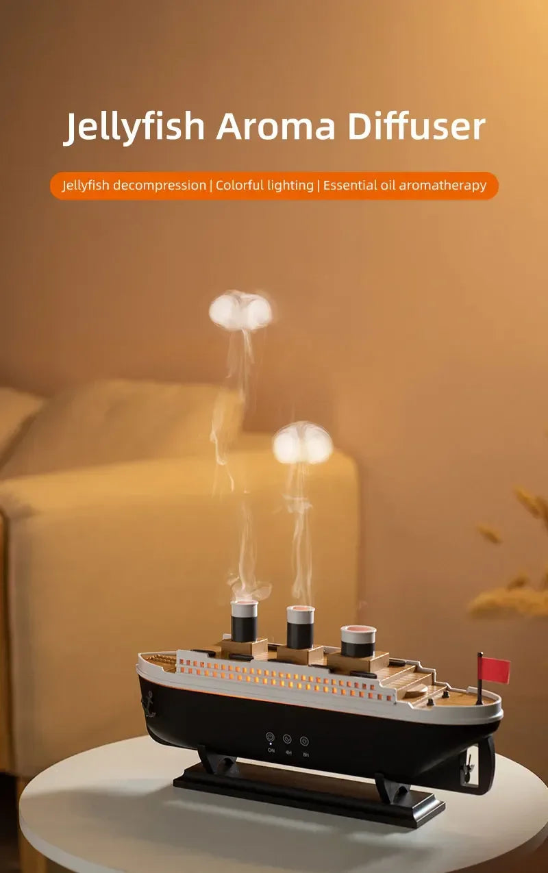 Ship Humidifier Essential Oil Diffuser Aromatherapy Ultrasonic Cool Mist Humidifier LED Night Light Titanic Steamer Boat Diffuser Home Office Bedroom Decor Air Purifier Vaporizer Aroma Diffuser Gift