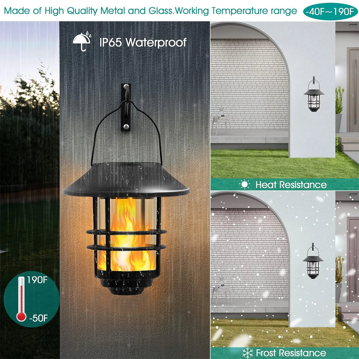 Solar Lantern Outdoor Hanging Lantern Flickering Flame Solar Lights Waterproof IP44 Garden Lights Patio Lights Porch Lights Wall Mounted Fence Lights Dusk to Dawn Auto On Off LED Lantern Decorative Outdoor Lighting Warm Light