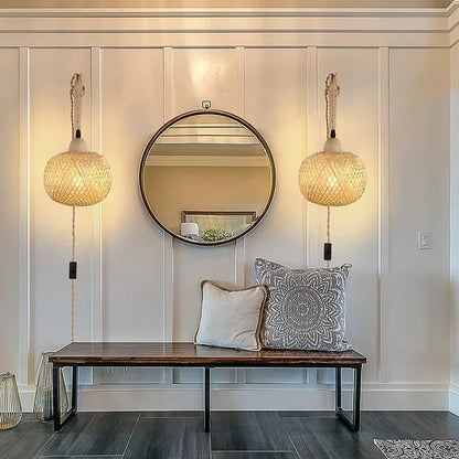 Luxury Rattan Wall Lamp Wooden Woven Sconce Nordic Scandinavian Designer Hanging Light Fixture Indoor Bedroom Living Room Hallway Restaurant Café Bar Hotel Home Decor