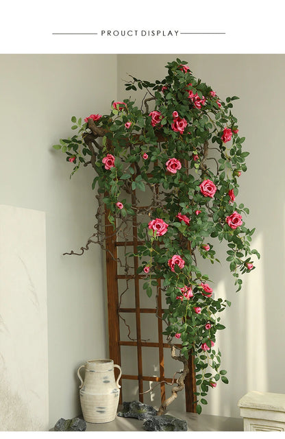 Artificial Green Plant Rose Vine Rattan Garden Home Deco Christmas Tree Props DIY Background Flower Wall Material Window Display