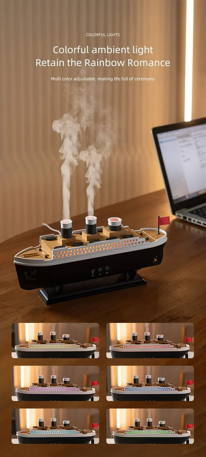 Ship Humidifier Essential Oil Diffuser Aromatherapy Ultrasonic Cool Mist Humidifier LED Night Light Titanic Steamer Boat Diffuser Home Office Bedroom Decor Air Purifier Vaporizer Aroma Diffuser Gift