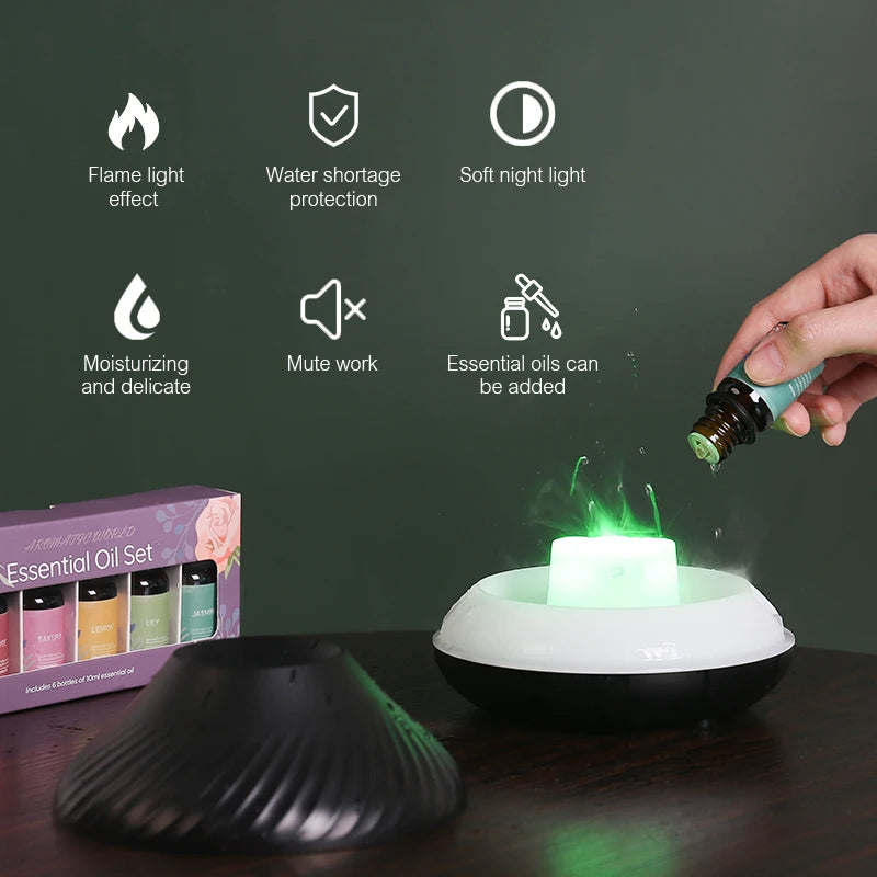 Flame Diffuser Essential Oil Diffuser Aromatherapy Humidifier Ultrasonic Cool Mist Diffuser LED Flame Light Fire Effect Diffuser Night Light Air Purifier Vaporizer Aroma Diffuser Home Office Bedroom Decor Gift