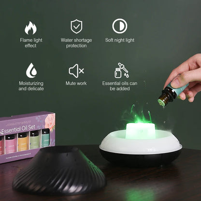 Flame Diffuser Essential Oil Diffuser Aromatherapy Humidifier Ultrasonic Cool Mist Diffuser LED Flame Light Fire Effect Diffuser Night Light Air Purifier Vaporizer Aroma Diffuser Home Office Bedroom Decor Gift