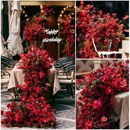 Red Rose Anthurium Table Runner Sofa Floor Flower Arrangement Luxuy 5D Wedding Backdrop Decor Flower Row Event Table Centerpiece