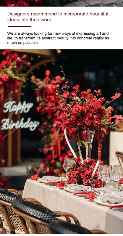 Red Rose Anthurium Table Runner Sofa Floor Flower Arrangement Luxuy 5D Wedding Backdrop Decor Flower Row Event Table Centerpiece