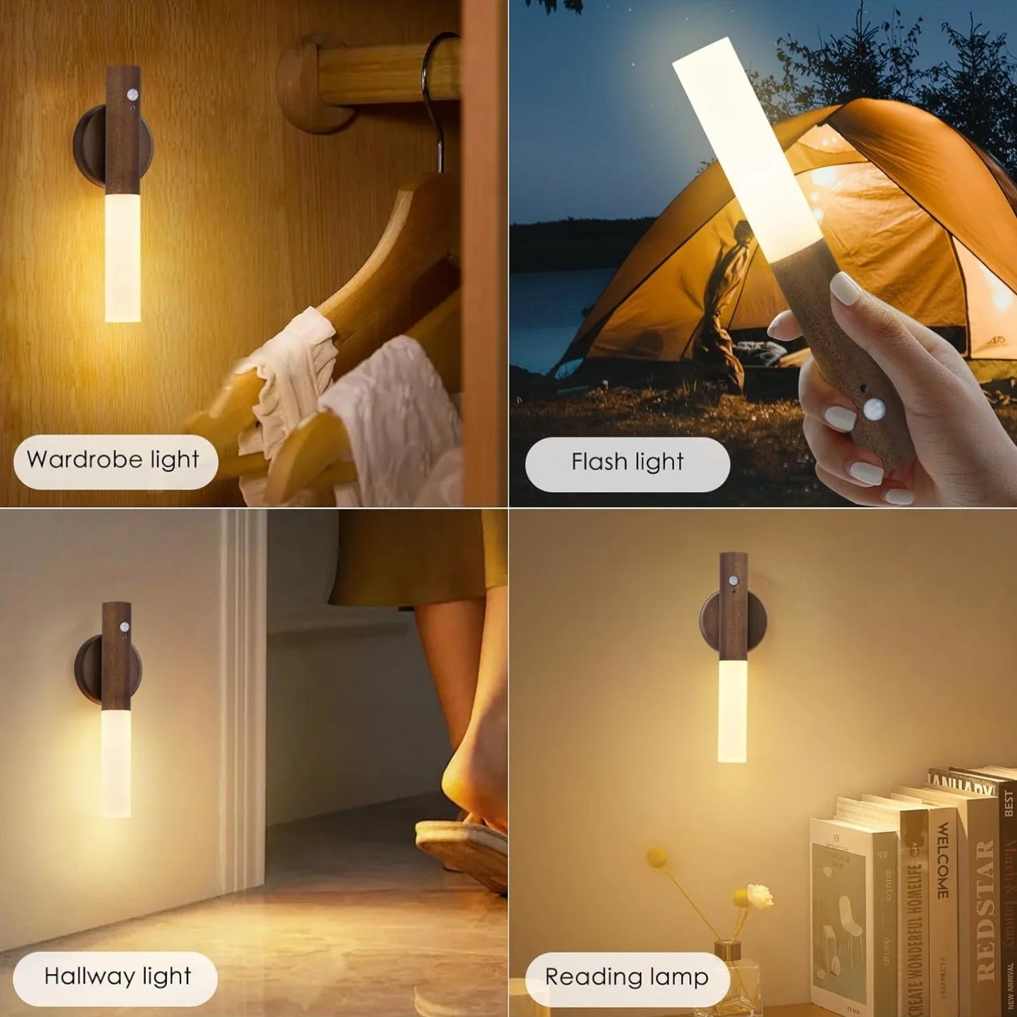 Motion Sensor Night Light LED Rechargeable Magnetic Wall Lamp Wireless Battery Operated Stick On Lights for Living room Hallway Bedroom Stairs Bathroom Cabinets Decor Kitchen Under Cabinet Light Warm White Dimmable USB Charging