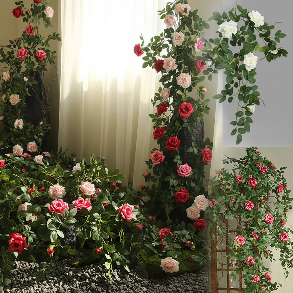 Artificial Green Plant Rose Vine Rattan Garden Home Deco Christmas Tree Props DIY Background Flower Wall Material Window Display