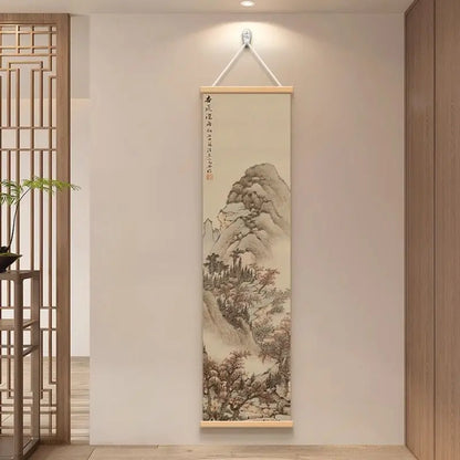 Zen Dry Landscape Wall Art, Wooden Frame Ink Painting for Living Room Meditation Decor, Asian Minimalist Scroll Hanging Painting