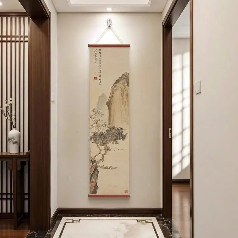 Zen Dry Landscape Wall Art, Wooden Frame Ink Painting for Living Room Meditation Decor, Asian Minimalist Scroll Hanging Painting