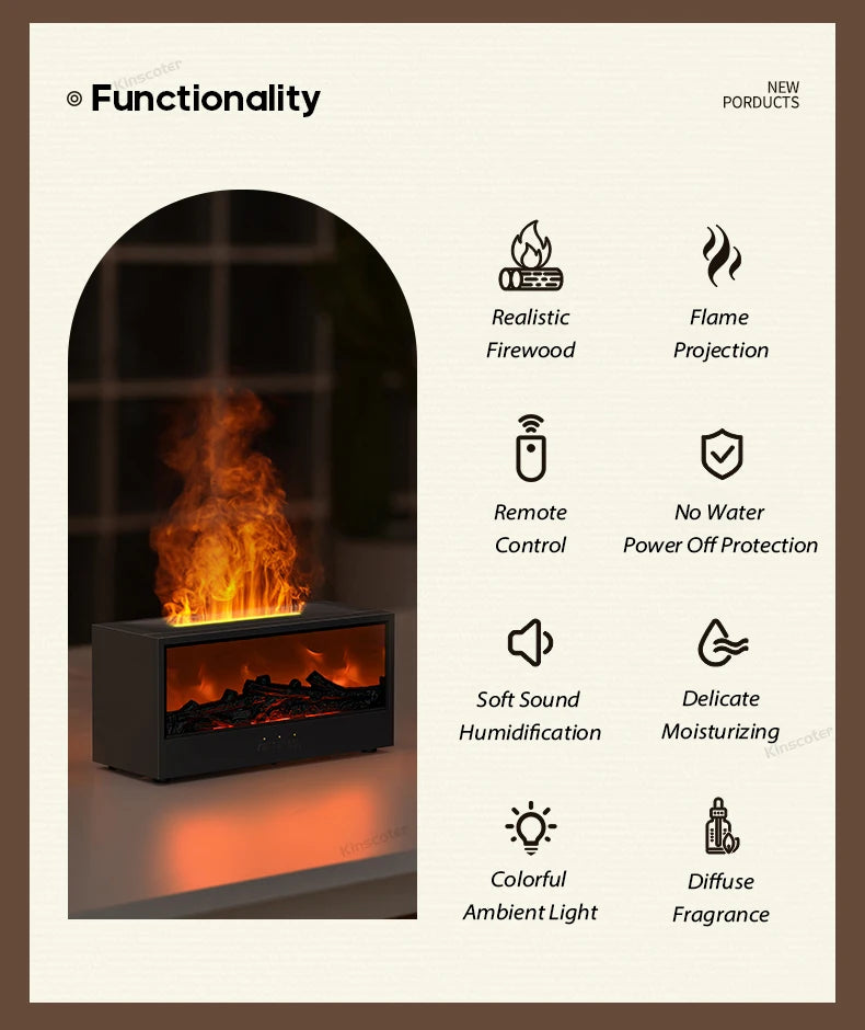 Fireplace Flame Diffuser Essential Oil Diffuser Aromatherapy Humidifier Ultrasonic Cool Mist Diffuser LED Flame Light Fire Effect Diffuser Night Light Air Purifier Vaporizer Aroma Diffuser Home Office Bedroom Decor Gift